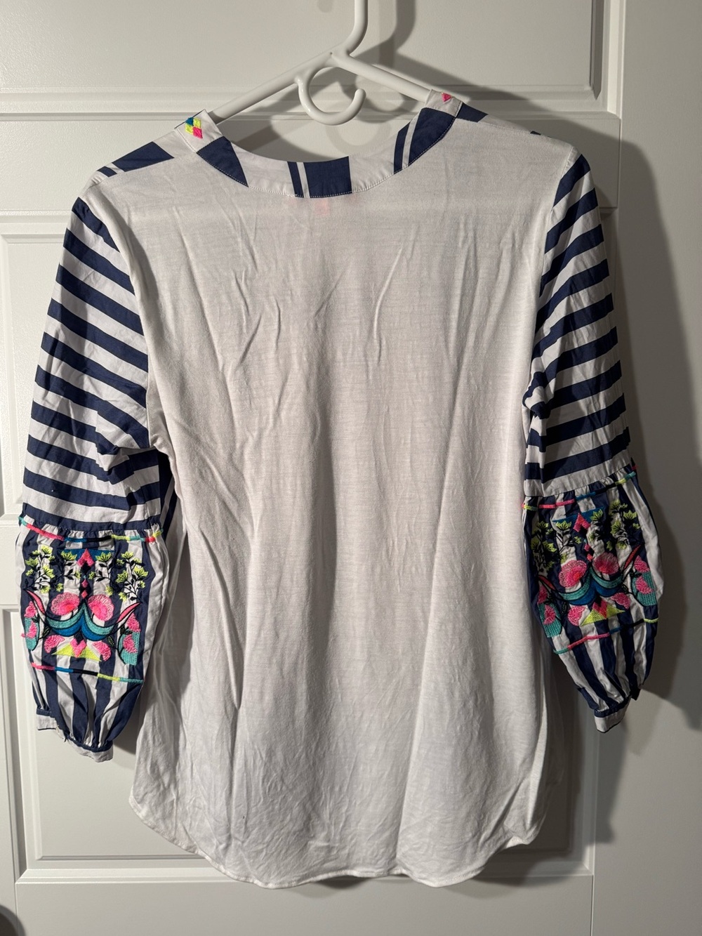 Vilagallo Striped Mixed Media 3/4 Sleeve Top with Neon Embroidery, Size 40 (M) - Picture 2 of 8